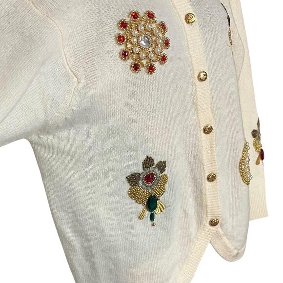 VINTAGE JEWELED HOLIDAY CHRISTMAS SWEATER 80s 90s BEADED CARDIGAN NINA AUSTIN S - Picture 3 of 8